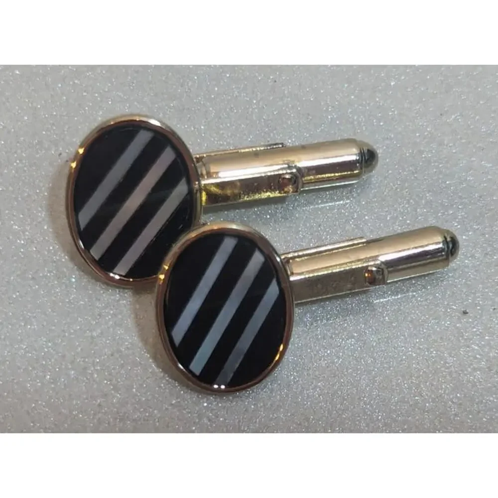 Vintage Cufflinks Black Onyx With Mother Of Pearl Stripes